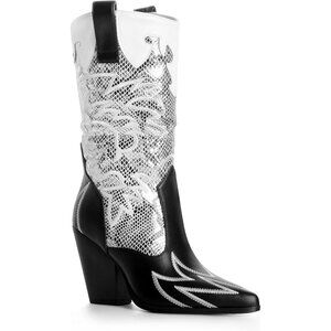 Women's Grey Mid Calf Knee-high Embroidery Pointed Toe Chunky Heel Boots